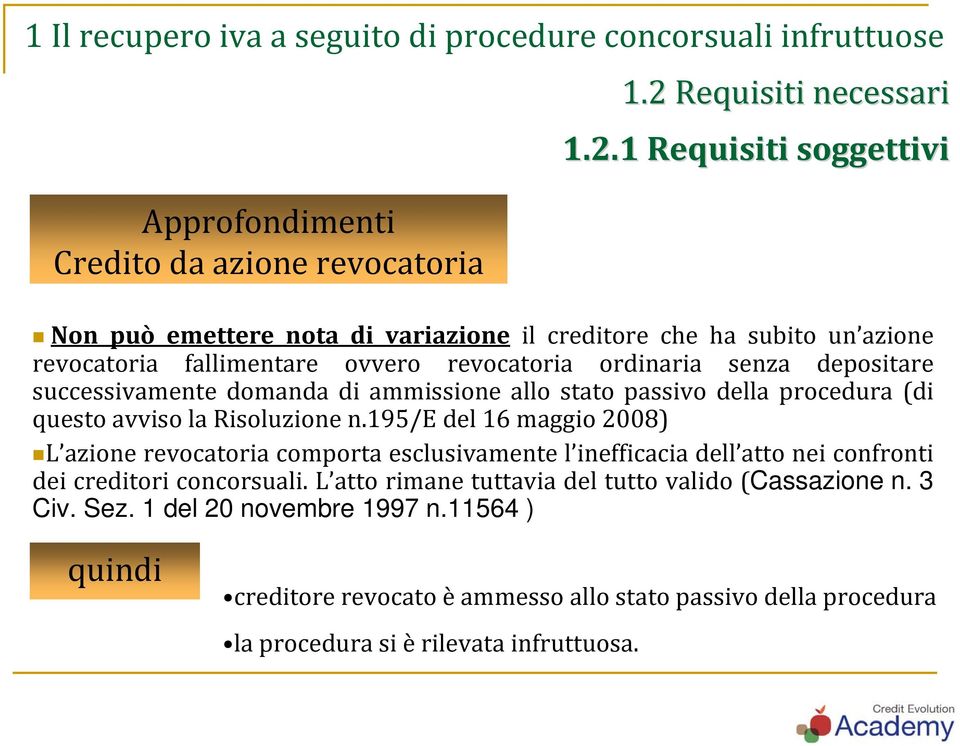 1 Requisiti soggettivi Non può emettere nota di variazione il creditore che ha subito un azione revocatoria fallimentare ovvero revocatoria ordinaria senza depositare successivamente