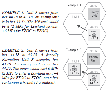 Costa +2 MP entrare in un esagono in EZOC; +1 MP per Uscire da EZOC. 7.1.6a Da EZOC ad EZOC: Costa +6 MP muovere da una EZOC ad un altra.