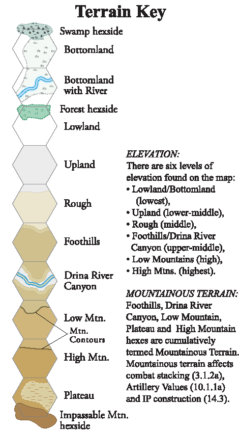 Legenda dei Terreni Lato di esagono di Palude Palude Palude Fiume con Lato di esagono di Foresta Pianura Alture Sconnesso Colline Canyon Fiume Drina Pedemontano Contorno di Montagna ELEVAZIONE Vi
