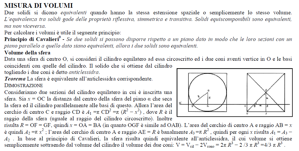 x x x sezione del piano con la sfera : sezione del piano con l anticlessidra: A cerchio = π (R 2 -x 2 ) sia R il segmento OF=FG, A corona circ.