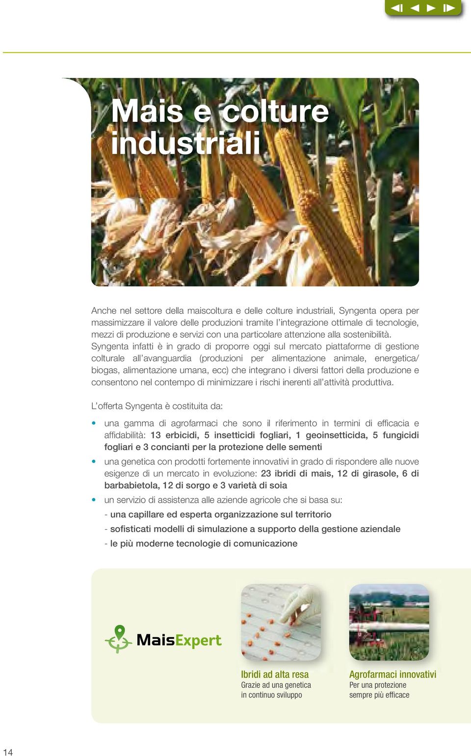Syngenta infatti è in grado di proporre oggi sul mercato piattaforme di gestione colturale all avanguardia (produzioni per alimentazione animale, energetica/ biogas, alimentazione umana, ecc) che
