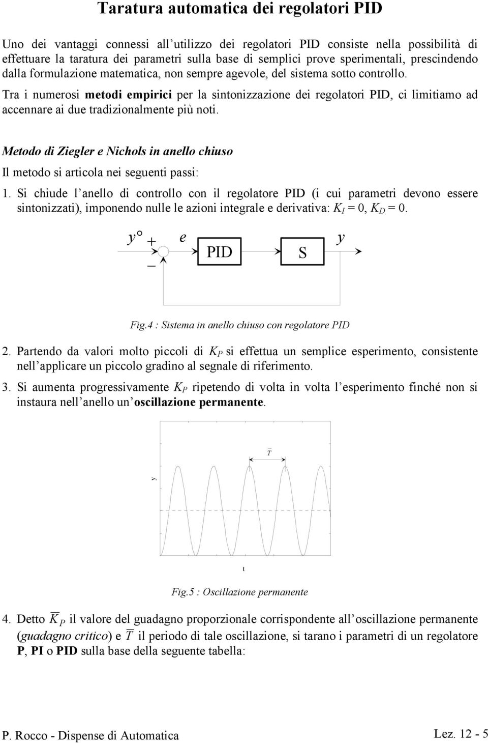 ra i numeroi metodi empirici per la intonizzazione dei regolatori PD, ci limitiamo ad accennare ai due tradizionalmente più noti.