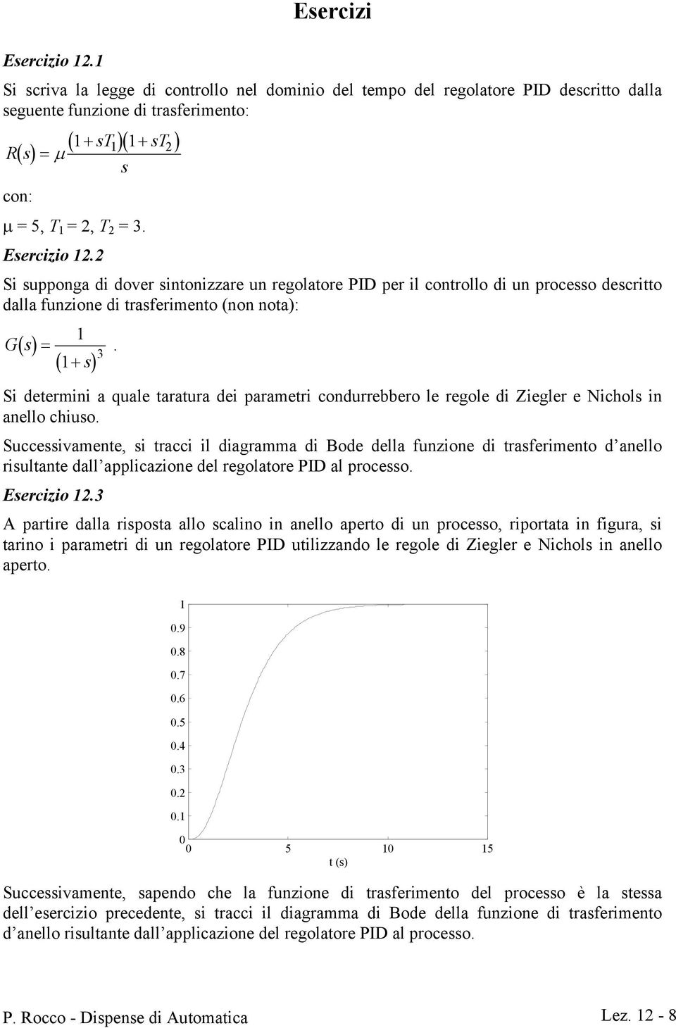 Si determini a quale taratura dei parametri condurrebbero le regole di Ziegler e Nichol in anello chiuo.