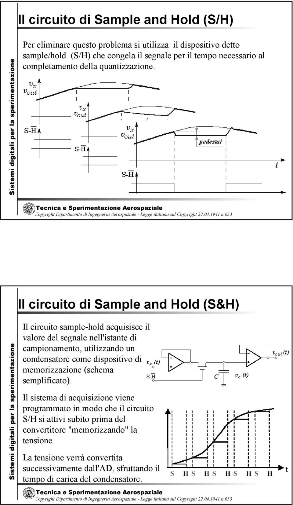 Il circuito di Sample and Hold (S&H) Il circuito sample-hold acquisisce il valore del segnale nell'istante di campionamento, utilizzando un condensatore come