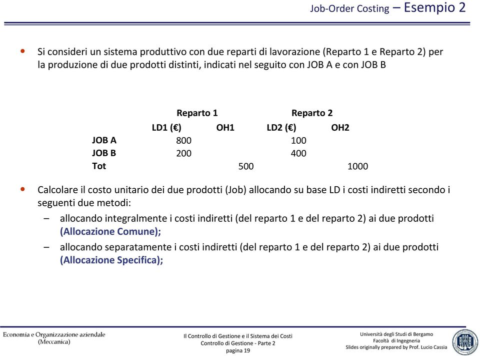 due prodotti (Job) allocando su base LD i costi indiretti secondo i seguenti due metodi: allocando integralmente i costi indiretti (del reparto 1 e del reparto