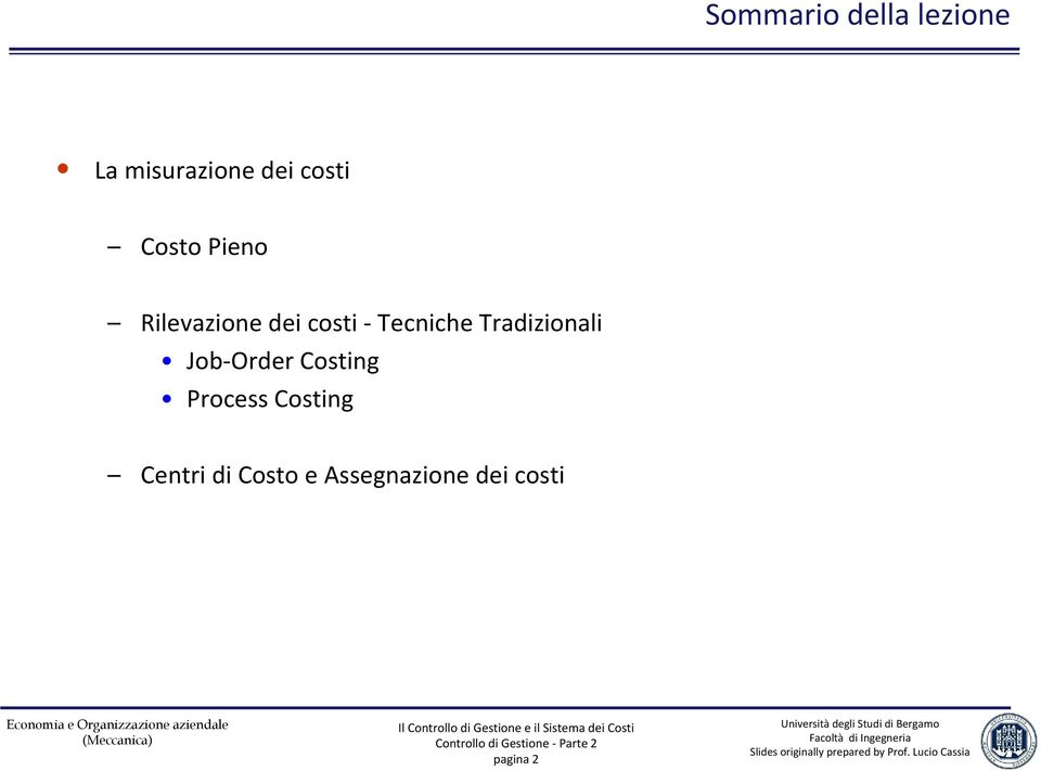 Tecniche Tradizionali Job Order Costing