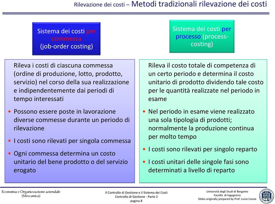 rilevati per singola commessa Ogni commessa determina un costo unitario del bene prodotto o del servizio erogato Sistema dei costi per processo (processcosting) Rileva il costo totale di competenza