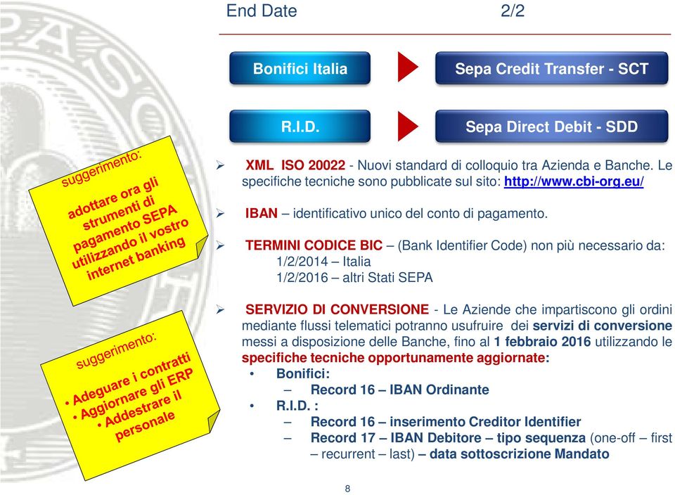 TERMINI CODICE BIC (Bank Identifier Code) non più necessario da: 1/2/2014 Italia 1/2/2016 altri Stati SEPA SERVIZIO DI CONVERSIONE - Le Aziende che impartiscono gli ordini mediante flussi telematici