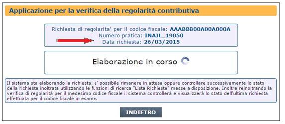 richiesta la verifica di regolarità, il numero pratica che è il numero di protocollo della richiesta inoltrata e la relativa data (Figura 8).