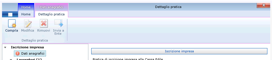 5 La scheda in colore porpora viene visualizzata quando si seleziona un elemento (pratica) nel menu laterale, e presenta i comandi disponibili per la pratica.