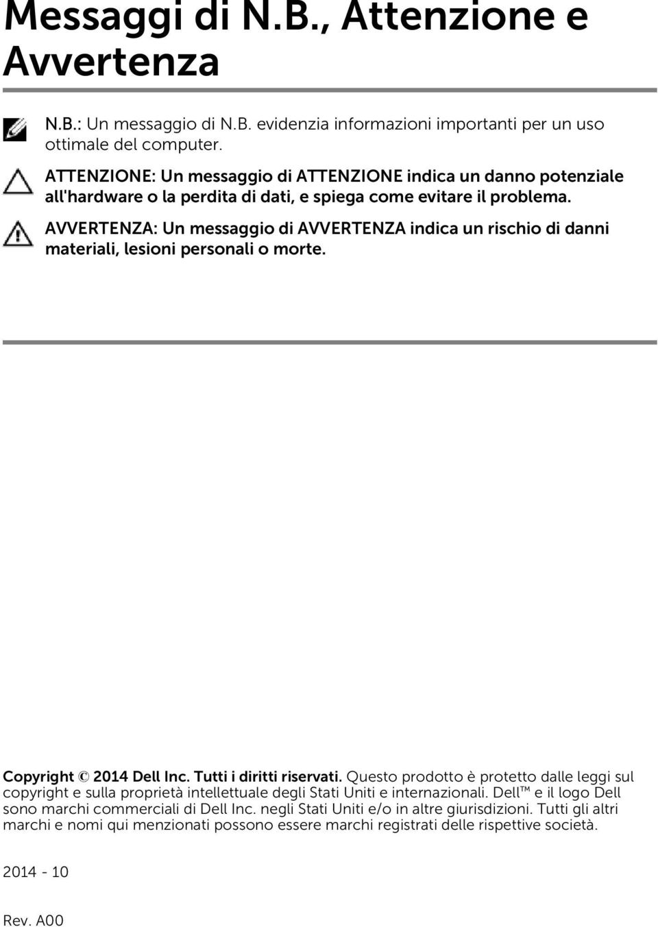 AVVERTENZA: Un messaggio di AVVERTENZA indica un rischio di danni materiali, lesioni personali o morte. Copyright 2014 Dell Inc. Tutti i diritti riservati.