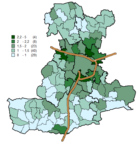 Figura 13: Mappa della distribuzione dell IMI comunale Nelle tabelle che seguono, dalla Tabella 6 alla Tabella 11, vengono presentati dati e informazioni di dettaglio relativi ai comuni appartenenti