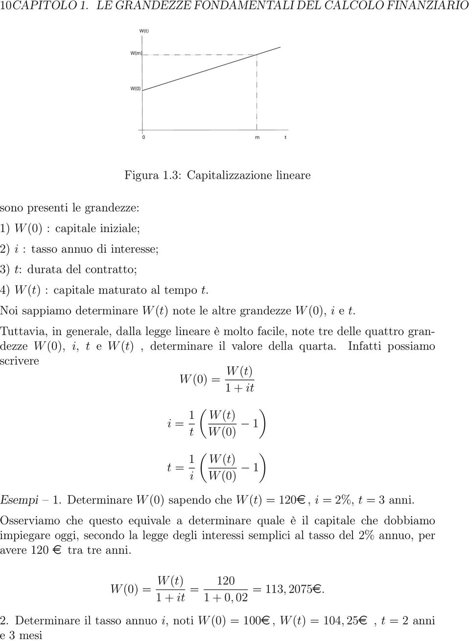 : capitale maturato al tempo t. Figura 1.3: Capitalizzazione lineare Noi sappiamo determinare W (t) note le altre grandezze W (0), i e t.