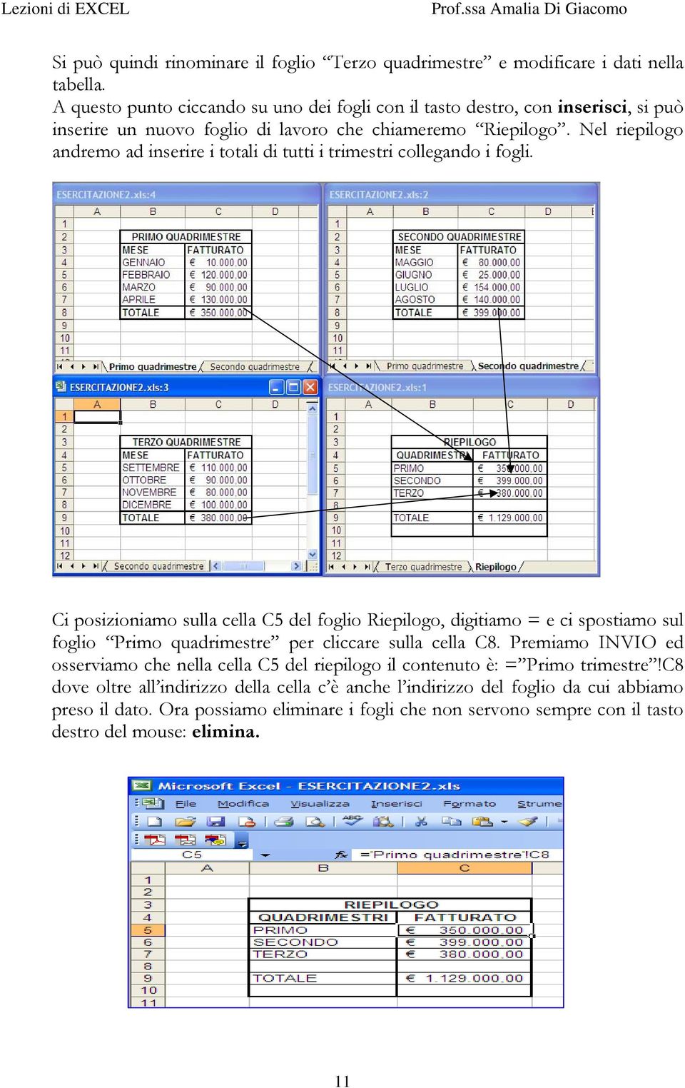 Nel riepilogo andremo ad inserire i totali di tutti i trimestri collegando i fogli.