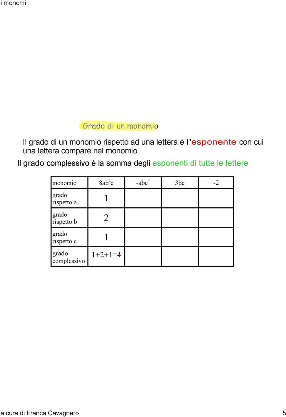 esponenti di tutte le lettere monomio 8ab 2 c abc 3 3bc 2 grado rispetto a 1