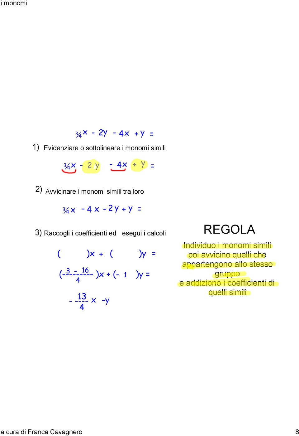 3-16 4 (--------- )x + (- 1 )y = 13 - ---- 4 x -y = REGOLA Individuo i monomi simili poi avvicino quelli