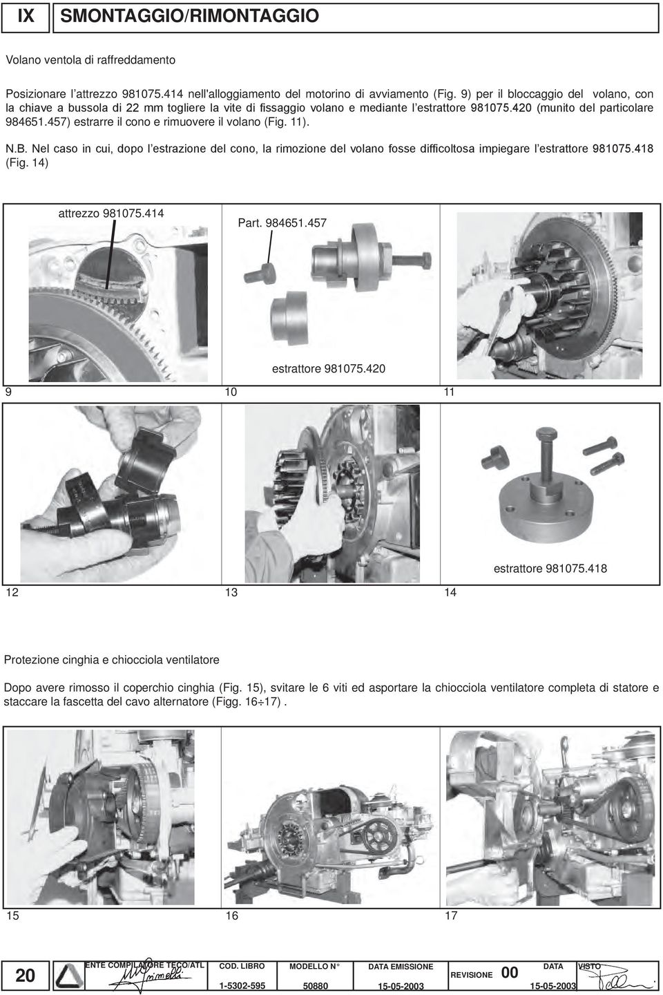 457) estrarre il cono e rimuovere il volano (Fig. 11). N.B. Nel caso in cui, dopo l estrazione del cono, la rimozione del volano fosse difficoltosa impiegare l estrattore 981075.418 (Fig.