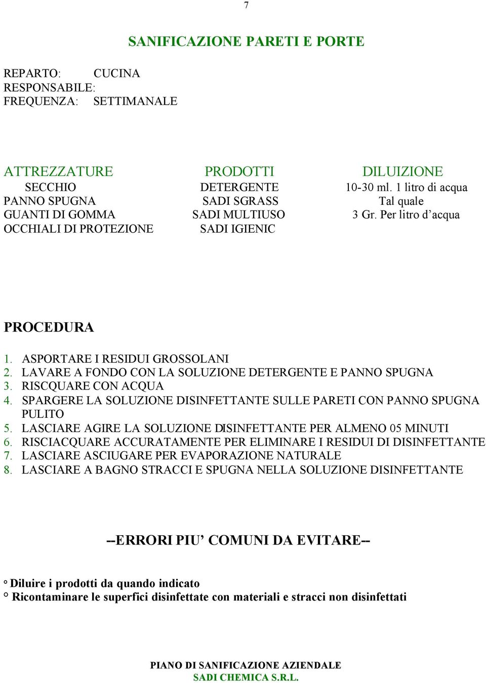 LAVARE A FONDO CON LA SOLUZIONE DETERGENTE E PANNO SPUGNA 3. RISCQUARE CON ACQUA 4. SPARGERE LA SOLUZIONE DISINFETTANTE SULLE PARETI CON PANNO SPUGNA PULITO 5.