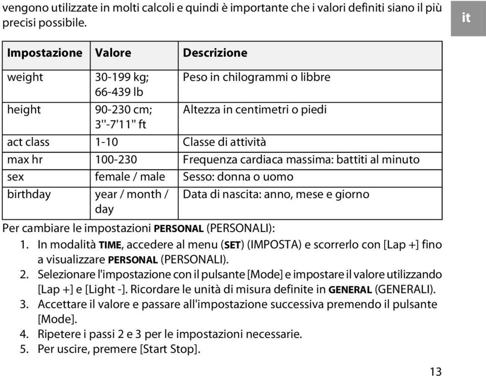 Altezza in centimetri o piedi Classe di attività Frequenza cardiaca massima: battiti al minuto Sesso: donna o uomo Data di nascita: anno, mese e giorno Per cambiare le impostazioni PERSONAL