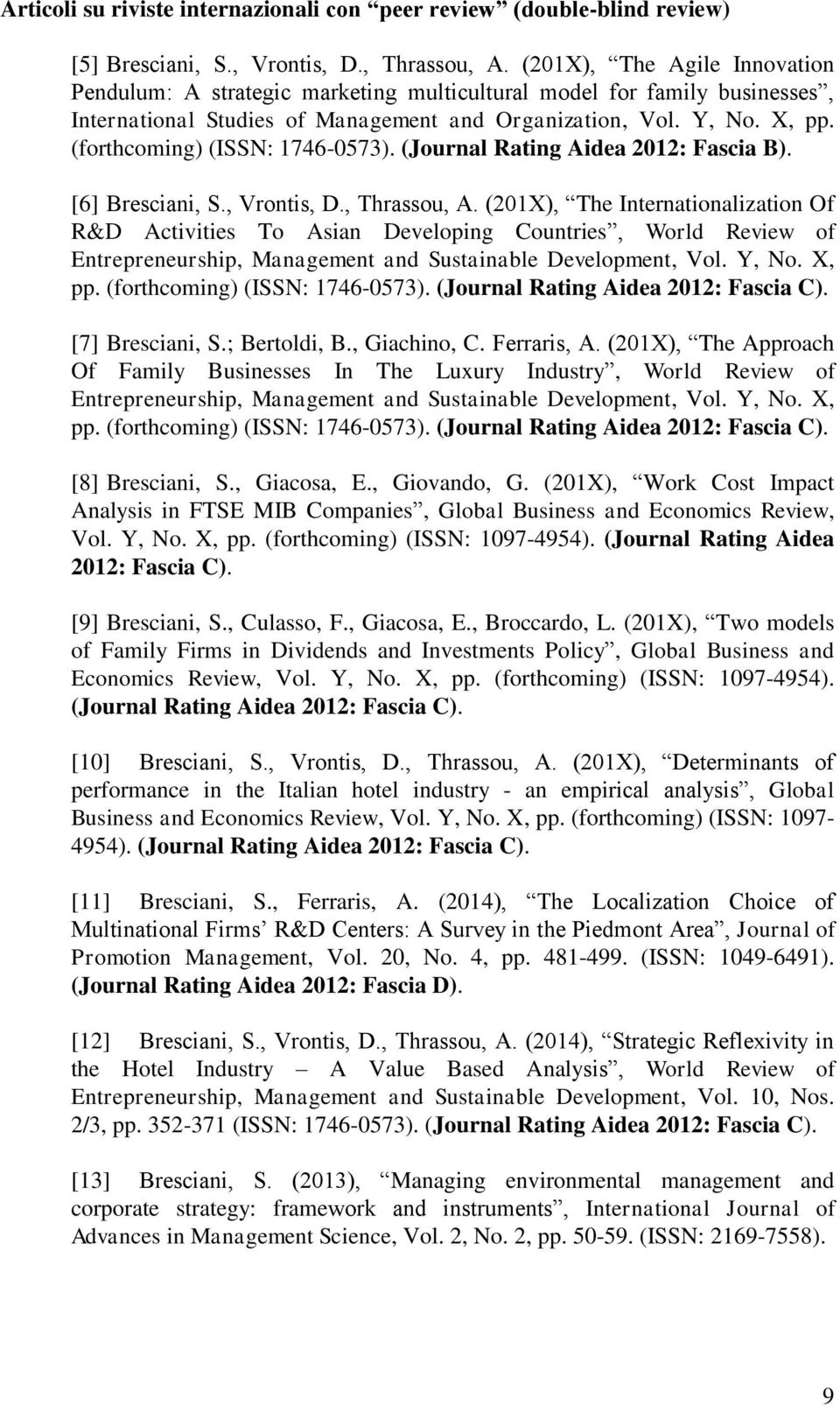 (forthcoming) (ISSN: 1746-0573). (Journal Rating Aidea 2012: Fascia B). [6] Bresciani, S., Vrontis, D., Thrassou, A.