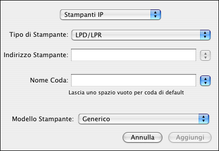 CONFIGURAZIONE DELLA STAMPA SU MAC OS X 18 PER AGGIUNGERE UNA STAMPANTE CON IL COLLEGAMENTO LPD/LPR 1 Selezionare Stampanti IP dall elenco. Viene visualizzata l area Stampanti IP.