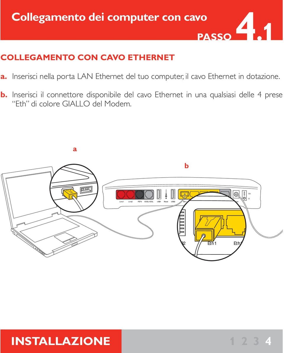 Inserisci il connettore disponibile del cavo Ethernet in una qualsiasi delle 4 prese Eth di colore GIALLO del