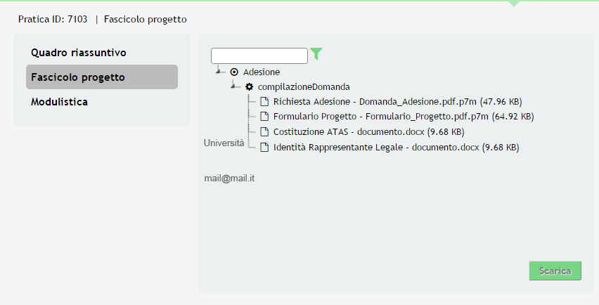 Figura 34 Quadro Riassuntivo Prendi in carico Fascicolo progetto: contiene i documenti che vengono caricati e scaricati dall utente.
