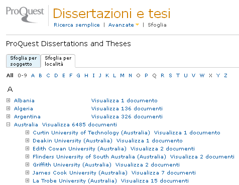 La funzione Sfoglia permette di conoscere, per ciascun soggetto elencato, l università da cui provengono le tesi pubblicate.