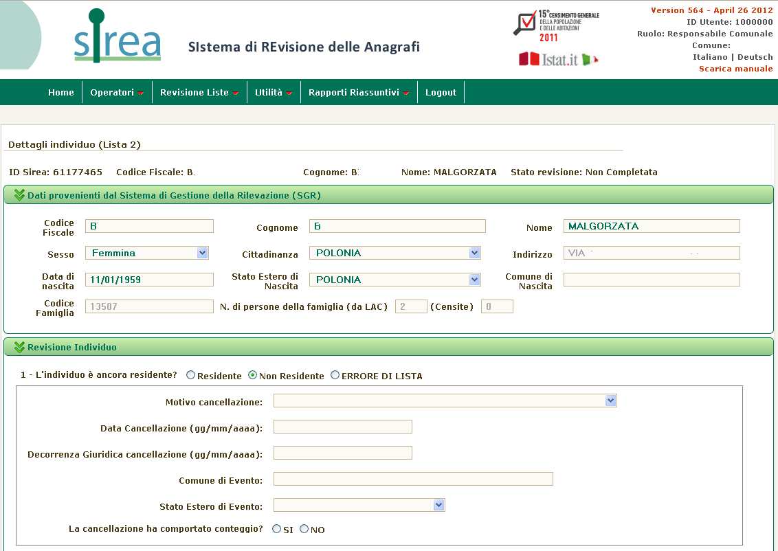 Cliccando sulla freccetta a destra della stringa Motivo cancellazione si apre una tendina con 5 modalità di scelta: morte, emigrazione in altro comune, emigrazione all