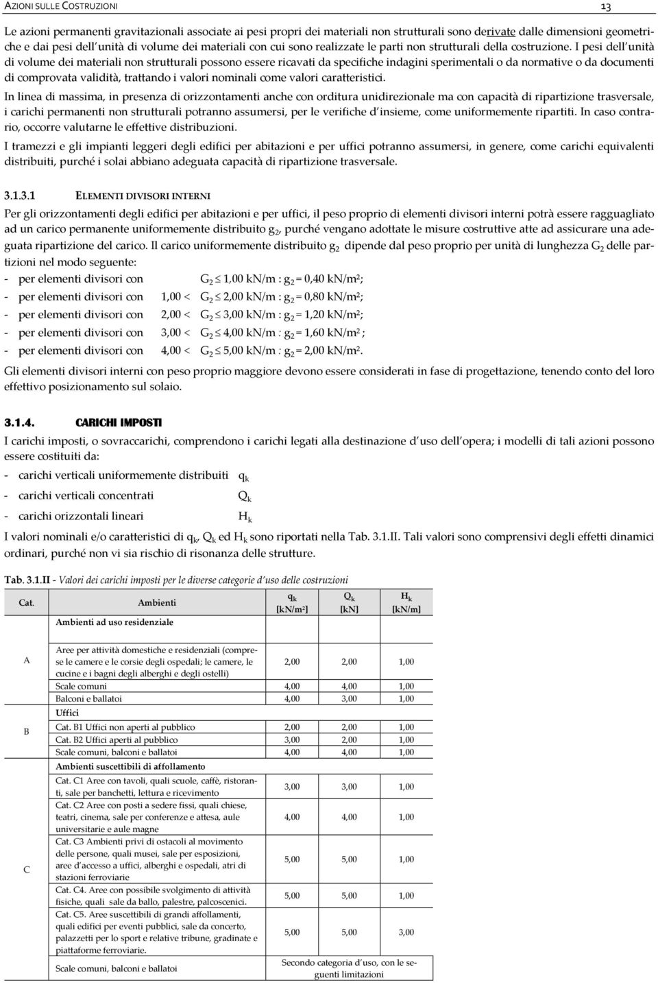 I pesi dell unità di volume dei materiali non strutturali possono essere ricavati da specifiche indagini sperimentali o da normative o da documenti di comprovata validità, trattando i valori nominali