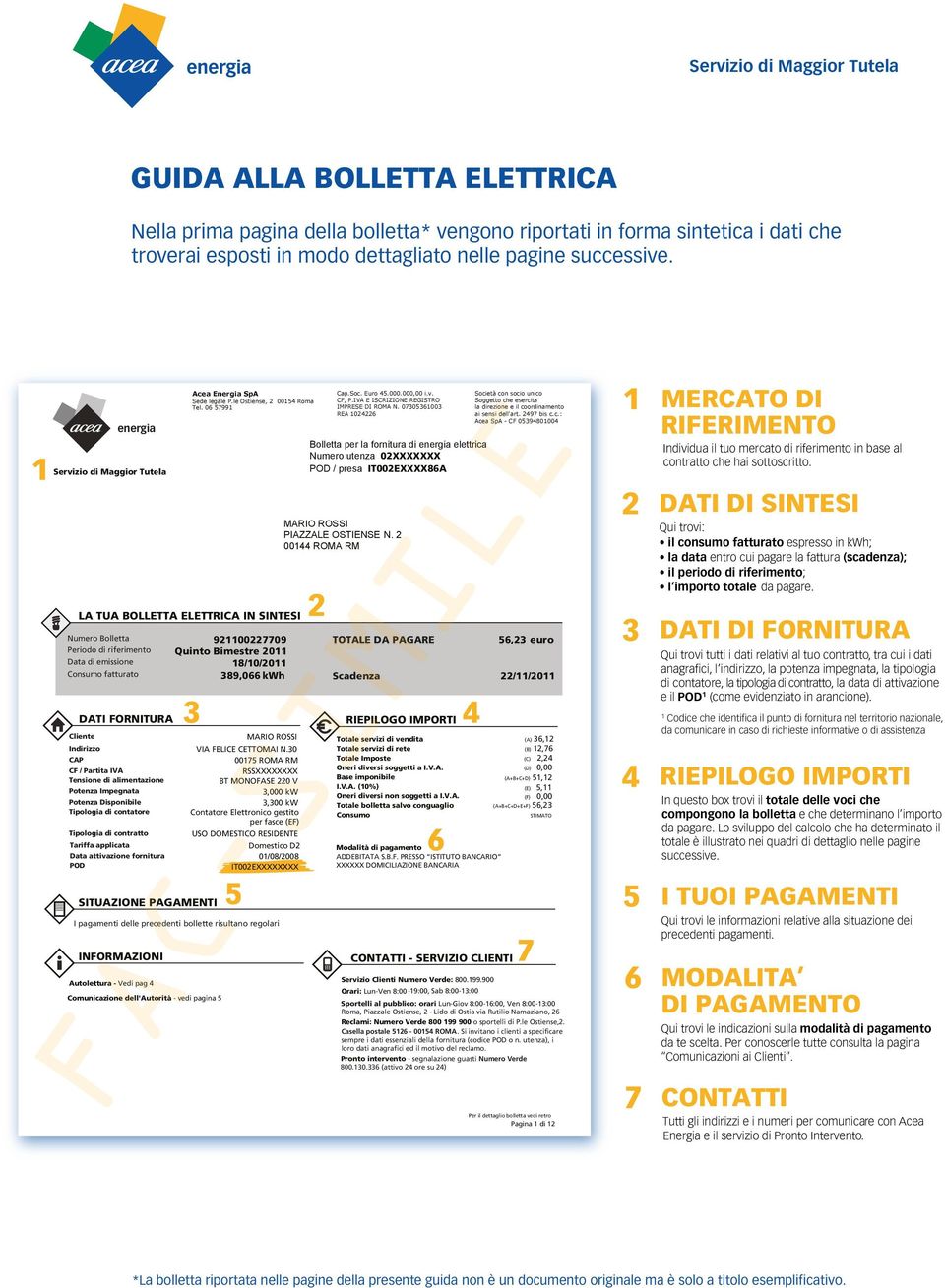 Potenza Disponibile Tipologia di contatore Tipologia di contratto Data attivazione fornitura POD Acea Energia SpA Sede legale P.le Ostiense, 004 Roma Tel.