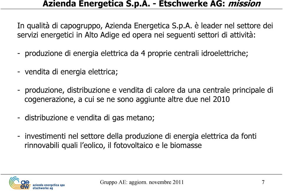 distribuzione e vendita di calore da una centrale principale di cogenerazione, a cui se ne sono aggiunte altre due nel 2010 - distribuzione e vendita di gas