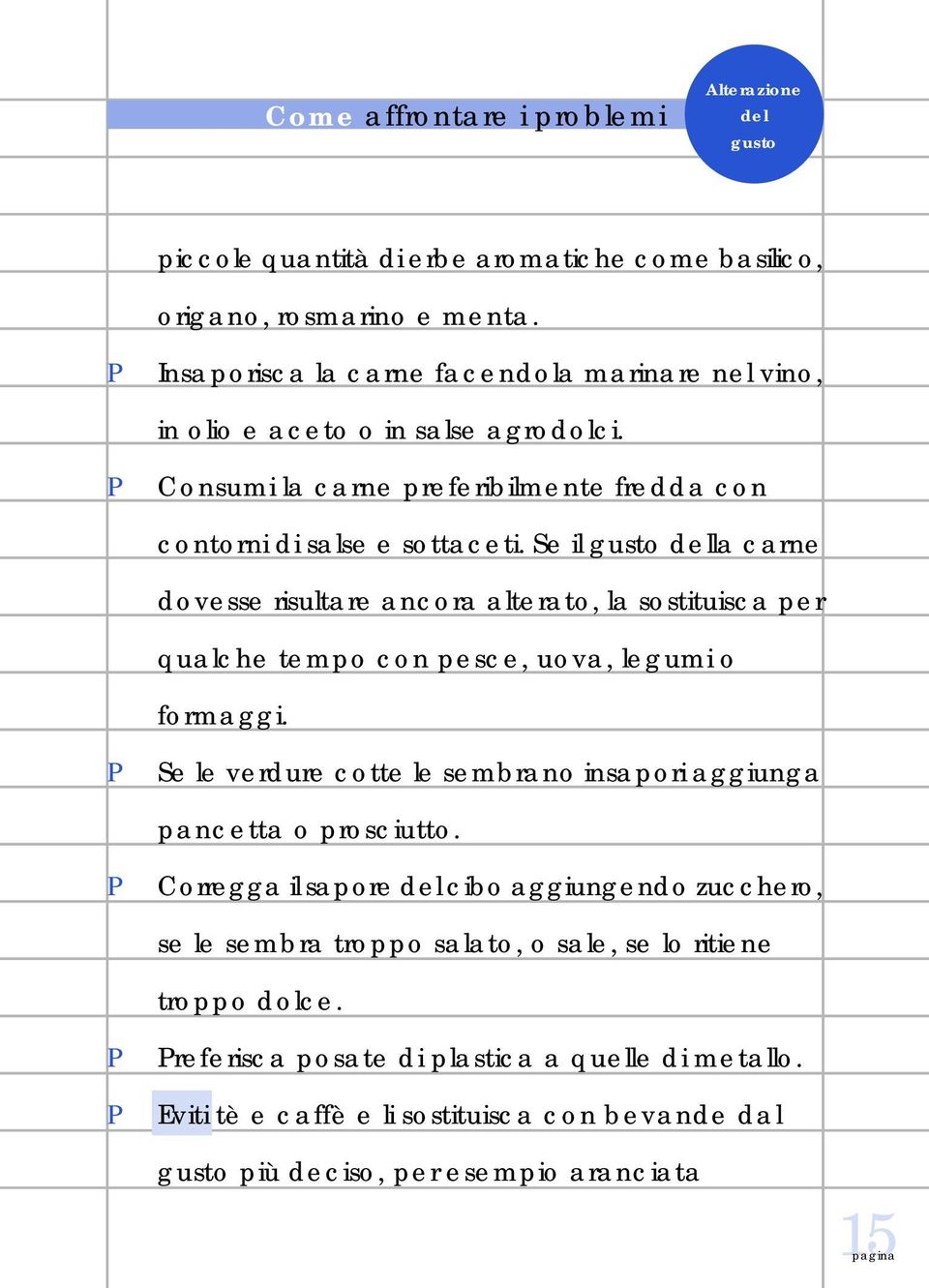 Se il gusto della carne dovesse risultare ancora alterato, la sostituisca per qualche tempo con pesce, uova, legumi o formaggi.