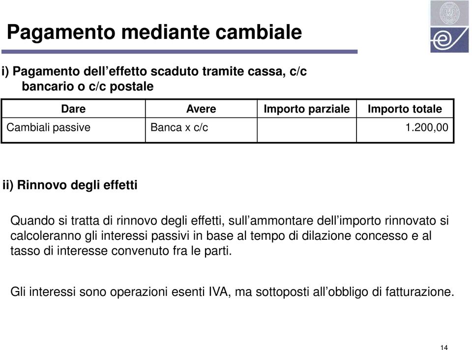 200,00 ii) Rinnovo degli effetti Quando si tratta di rinnovo degli effetti, sull ammontare dell importo rinnovato