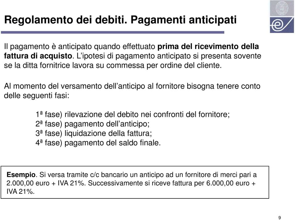 Al momento del versamento dell anticipo al fornitore bisogna tenere conto delle seguenti fasi: 1ª fase) rilevazione del debito nei confronti del fornitore; 2ª fase)