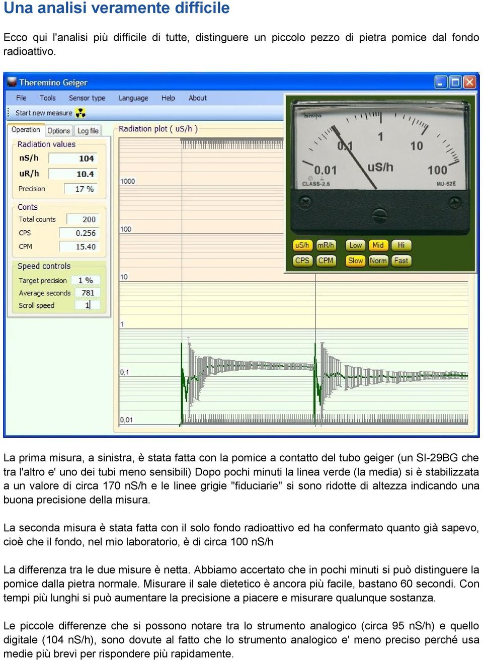 stabilizzata a un valore di circa 170 ns/h e le linee grigie "fiduciarie" si sono ridotte di altezza indicando una buona precisione della misura.