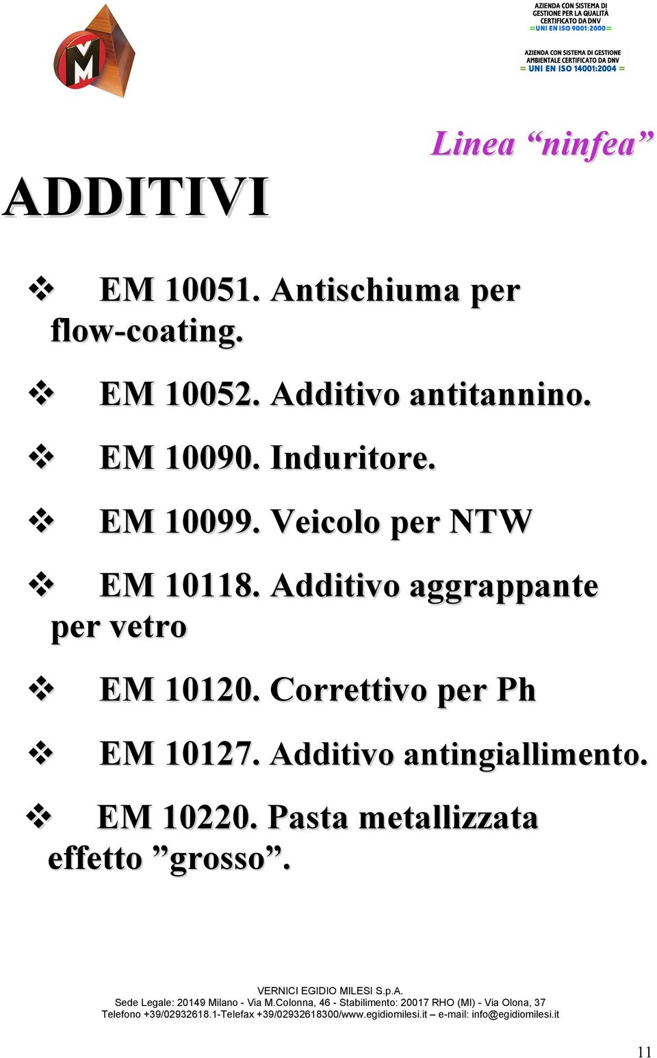 Additivo aggrappante per vetro EM 10120. Correttivo per Ph EM 10127. Additivo antingiallimento.