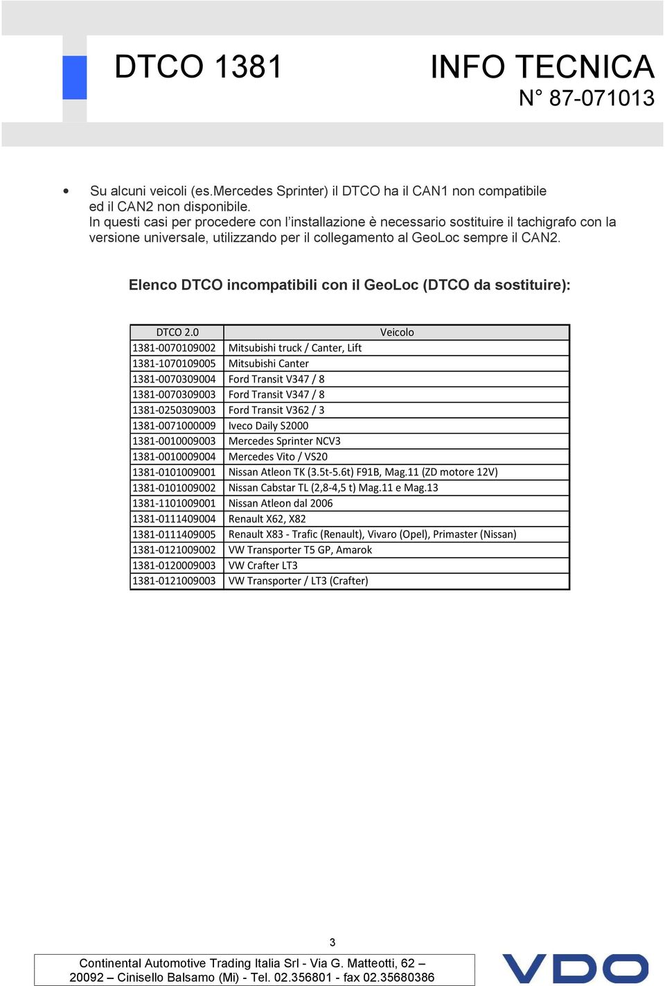 Elenco DTCO incompatibili con il GeoLoc (DTCO da sostituire): DTCO 2.