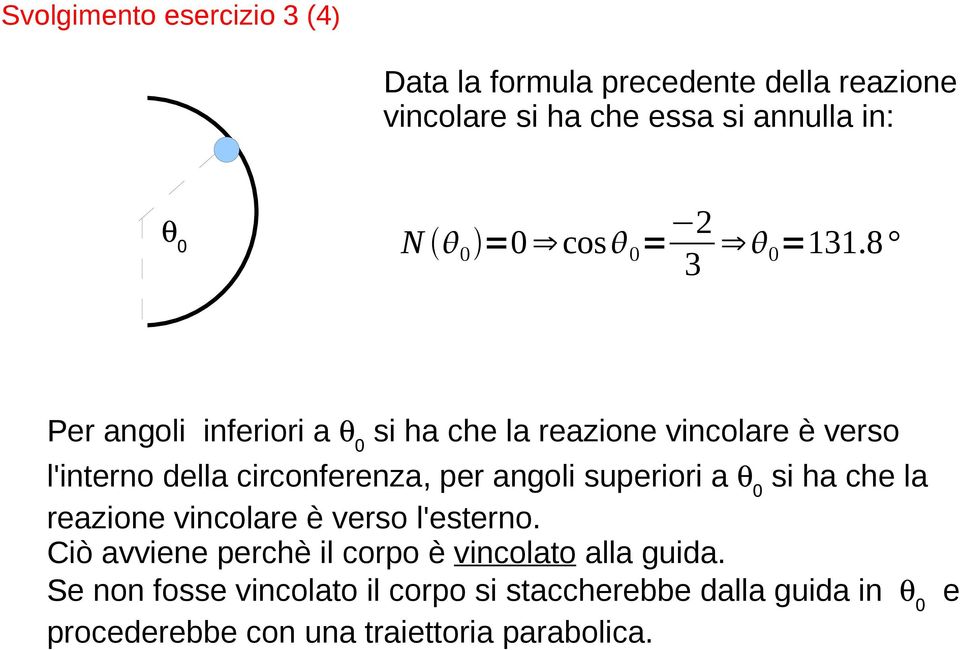 8 Per angoli inferiori a 0 si ha che la reazione vincolare è verso l'interno della circonferenza, per angoli superiori