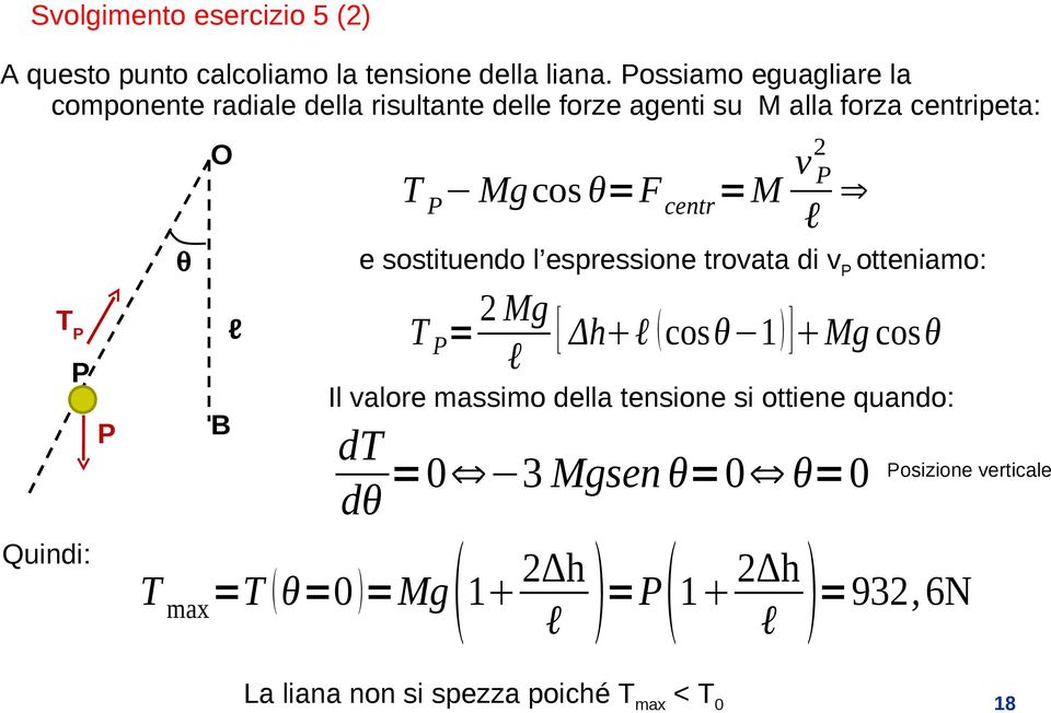 T P Mgcos θ=f centr =M v 2 P l e sostituendo l espressione trovata di v P otteniamo: T P = 2 Mg l Il valore massimo della