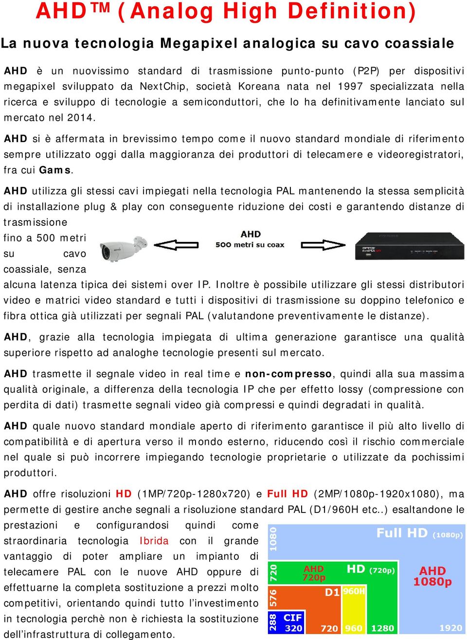 AHD si è affermata in brevissimo tempo come il nuovo standard mondiale di riferimento sempre utilizzato oggi dalla maggioranza dei produttori di telecamere e videoregistratori, fra cui Gams.