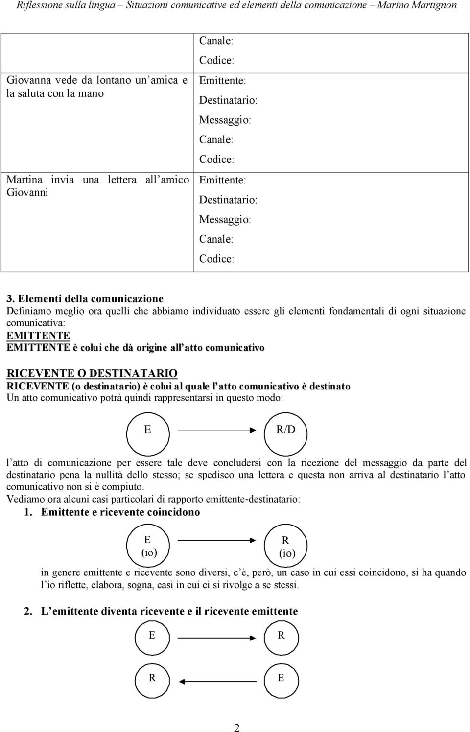 essere gli elementi fondamentali di ogni situazione comunicativa: MITTNT MITTNT è colui che dà origine all atto comunicativo ICVNT O DSTINATAIO ICVNT (o destinatario) è colui al quale l atto