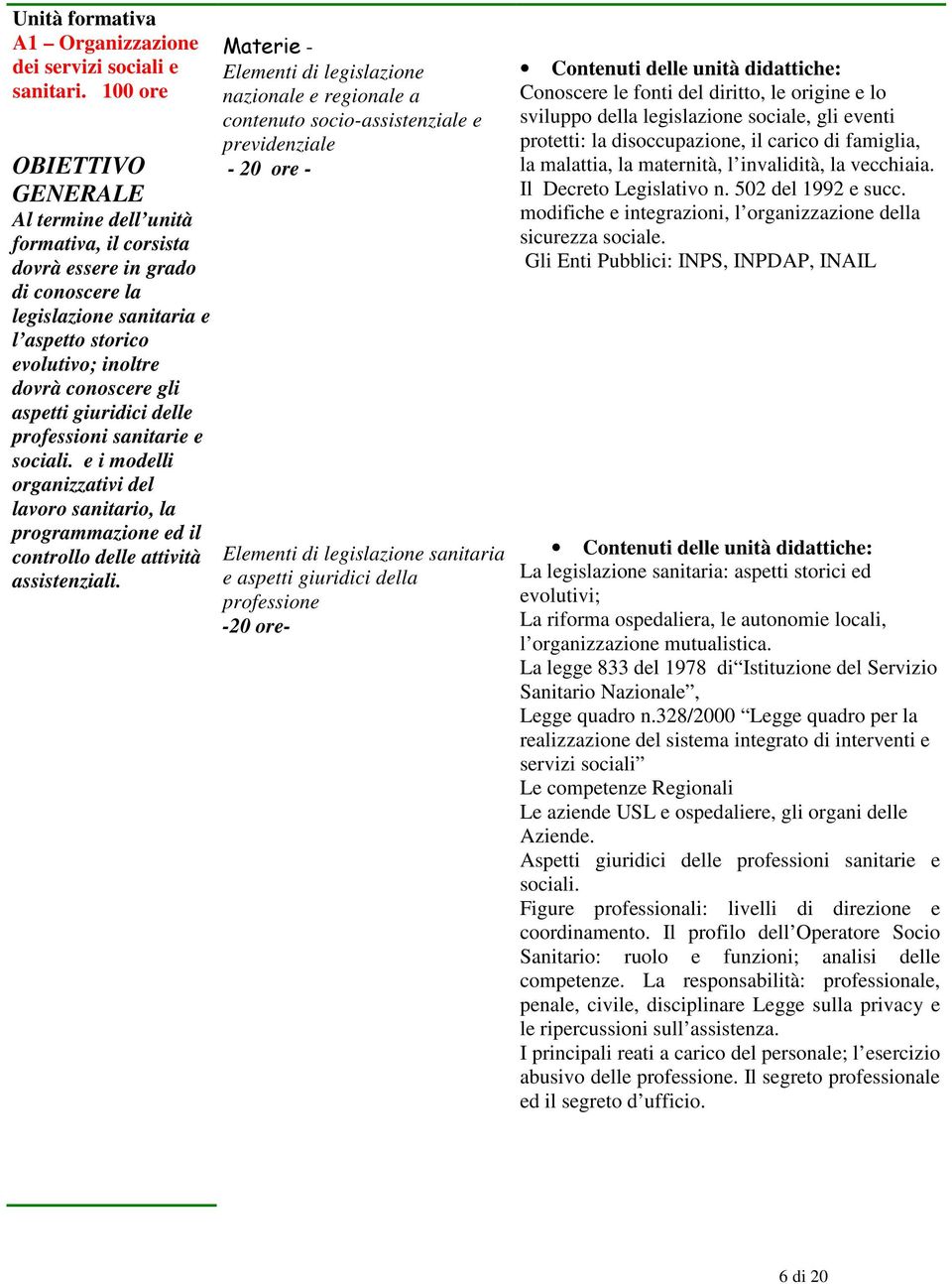 giuridici delle professioni sanitarie e sociali. e i modelli organizzativi del lavoro sanitario, la programmazione ed il controllo delle attività assistenziali.