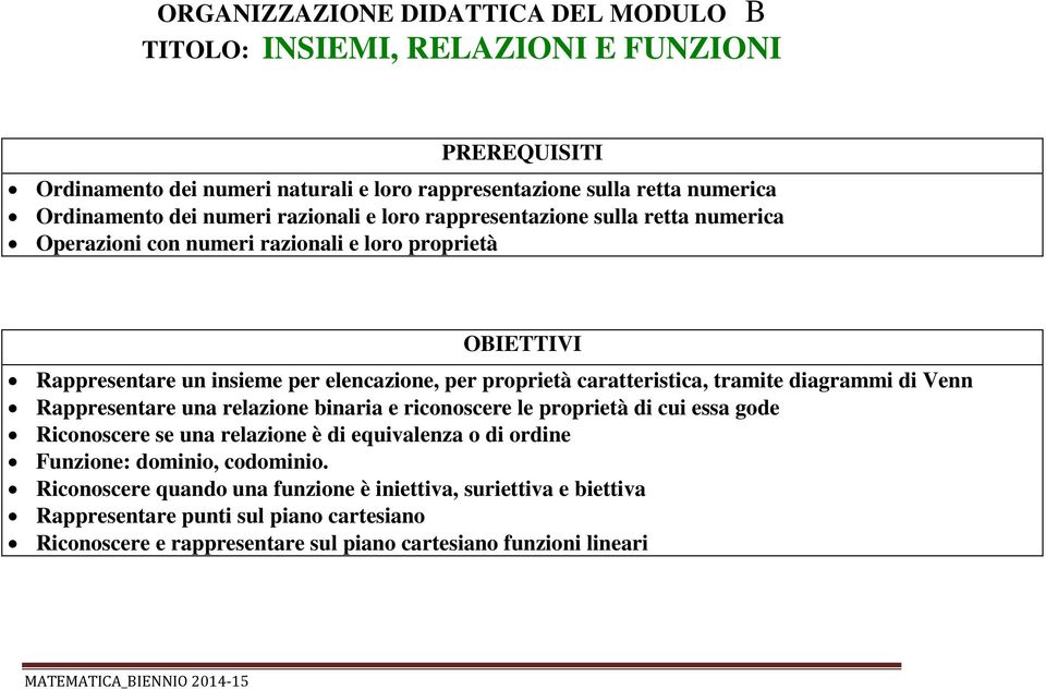 caratteristica, tramite diagrammi di Venn Rappresentare una relazione binaria e riconoscere le proprietà di cui essa gode Riconoscere se una relazione è di equivalenza o di ordine