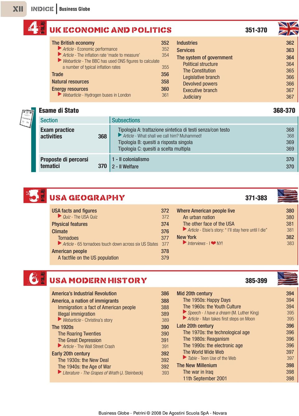 system of government 364 Political structure 364 The Constitution 365 Legislative branch 366 Devolved powers 366 Executive branch 367 Judiciary 367 Esame di Stato 368-370 activities 368 tematici 370