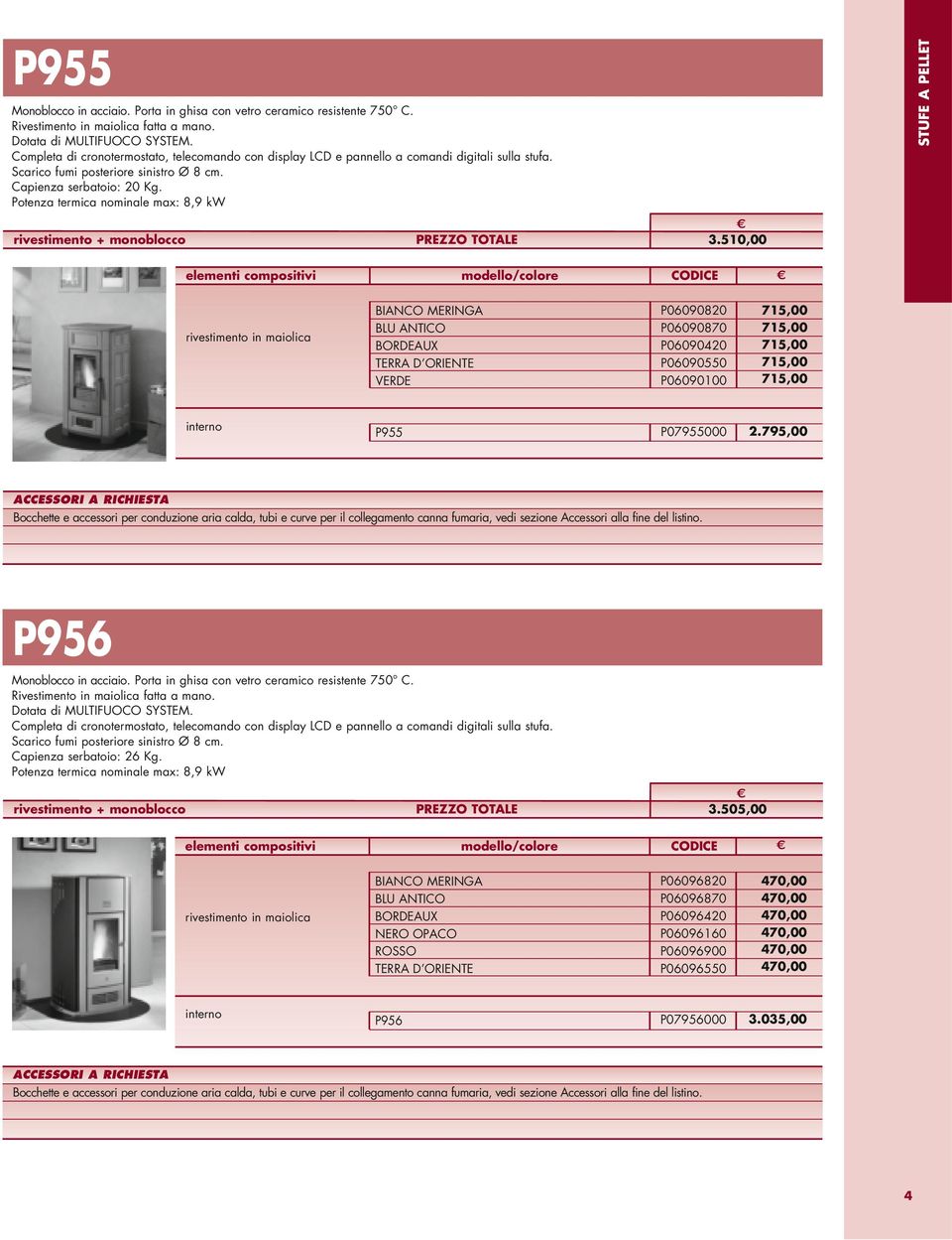 795,00 P956 Monoblocco in acciaio. Porta in ghisa con vetro ceramico resistente 750 C. Capienza serbatoio: 26 Kg.