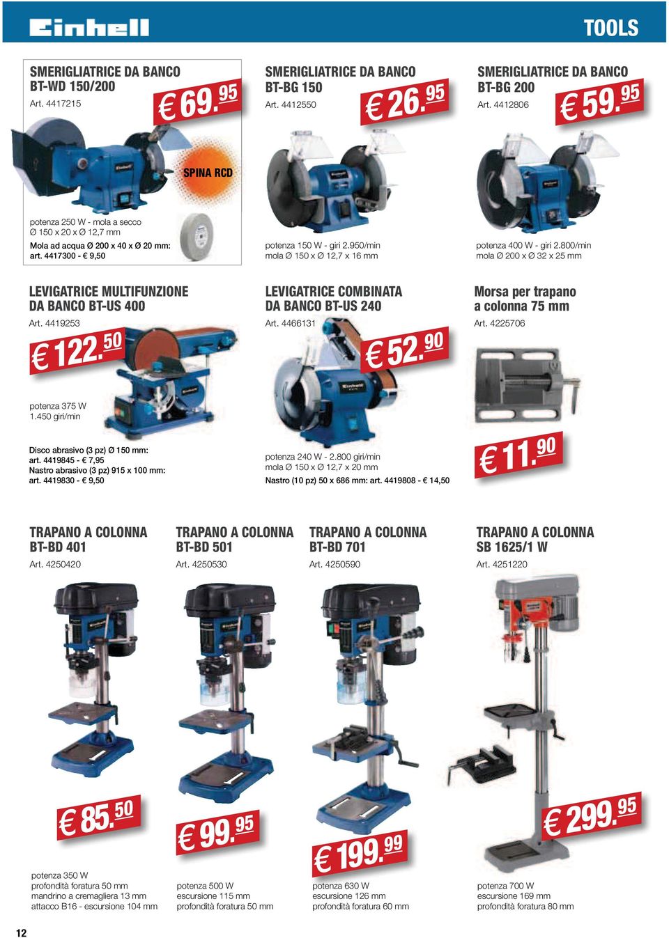 950/min mola Ø 150 x Ø 12,7 x 16 mm potenza 400 W - giri 2.800/min mola Ø 200 x Ø 32 x 25 mm LEVIGATRICE MULTIFUNZIONE DA BANCO BT-US 400 Art. 4419253 122.