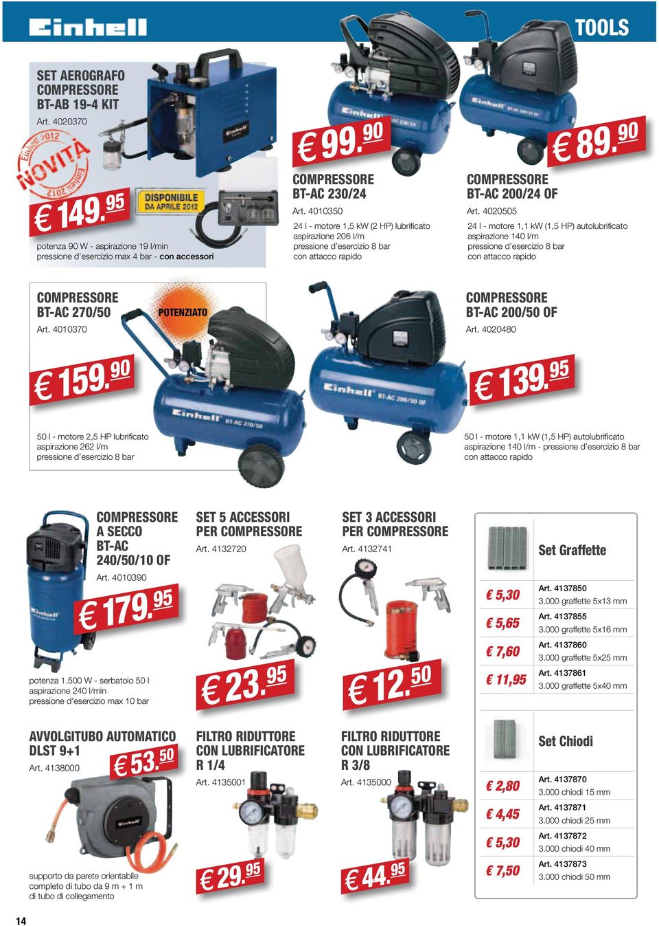 90 24 l - motore 1,1 kw (1,5 HP) autolubrificato aspirazione 140 l/m pressione d esercizio 8 bar con attacco rapido COMPRESSORE BT-AC 270/50 Art. 4010370 POTENZIATO COMPRESSORE BT-AC 200/50 OF Art.