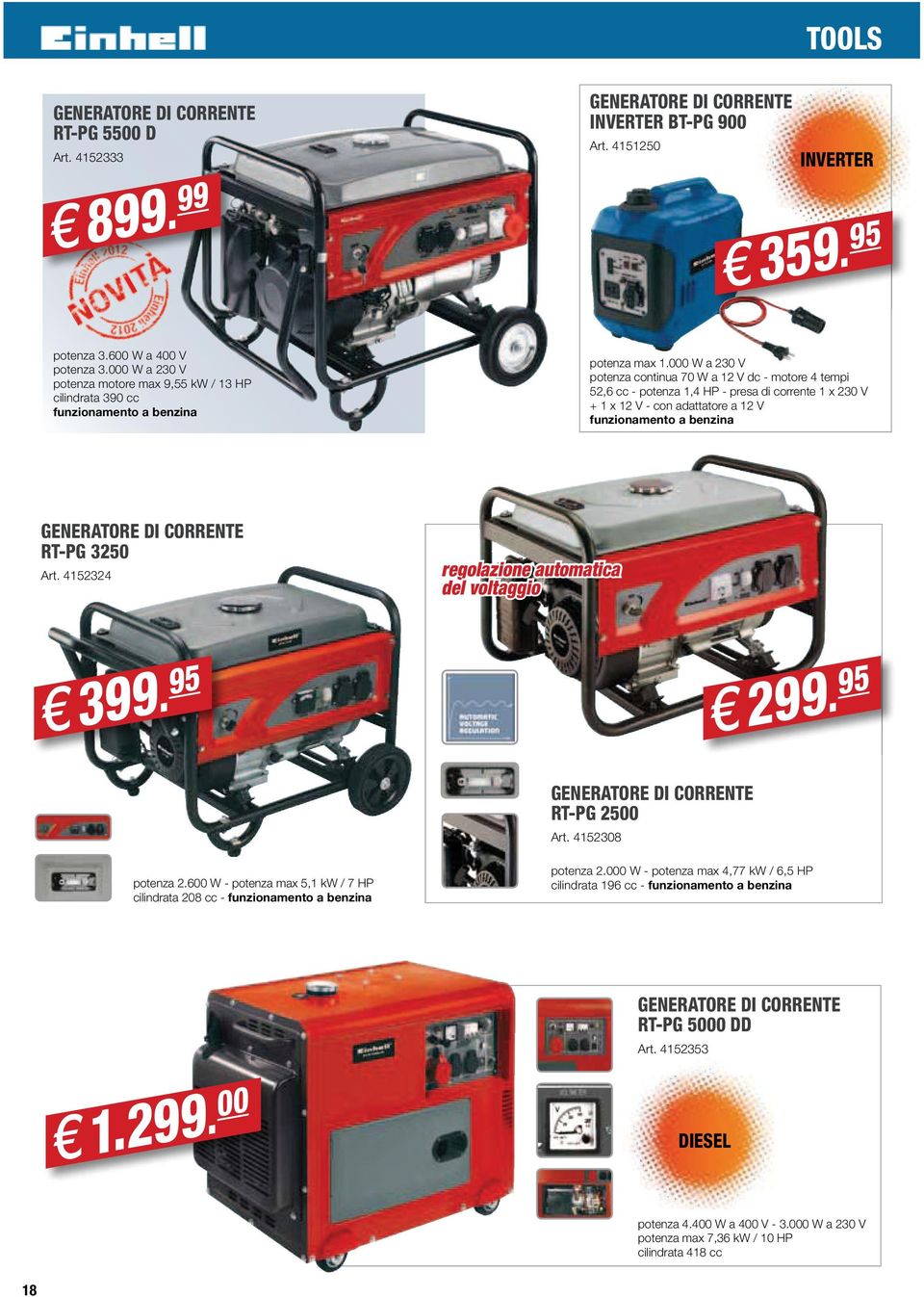 000 W a 230 V potenza continua 70 W a 12 V dc - motore 4 tempi 52,6 cc - potenza 1,4 HP - presa di corrente 1 x 230 V + 1 x 12 V - con adattatore a 12 V funzionamento a benzina GENERATORE DI CORRENTE