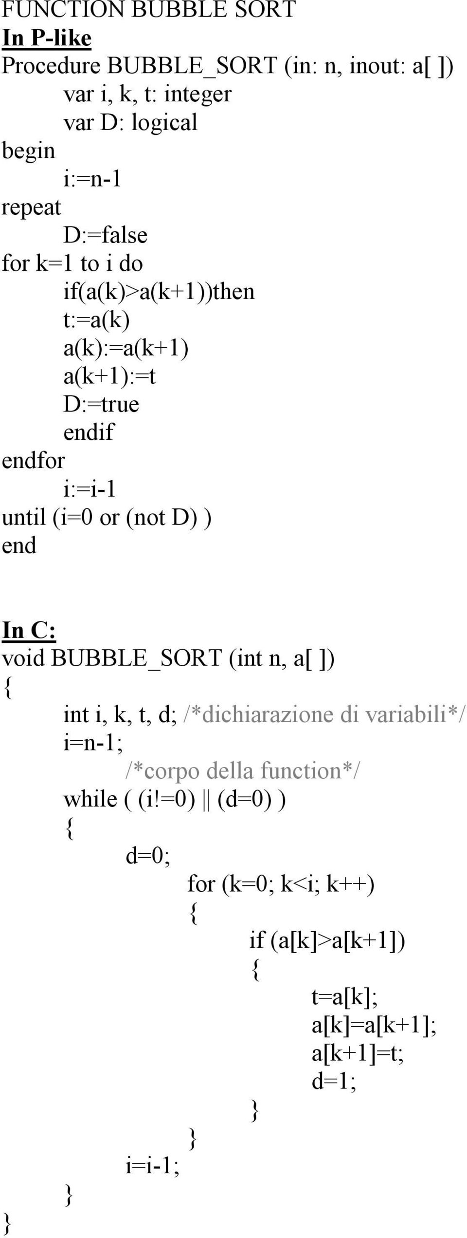 until (i=0 or (not D) ) end In C: void BUBBLE_SORT (int n, a[ ]) int i, k, t, d; /*dichiarazione di variabili*/ i=n-1;